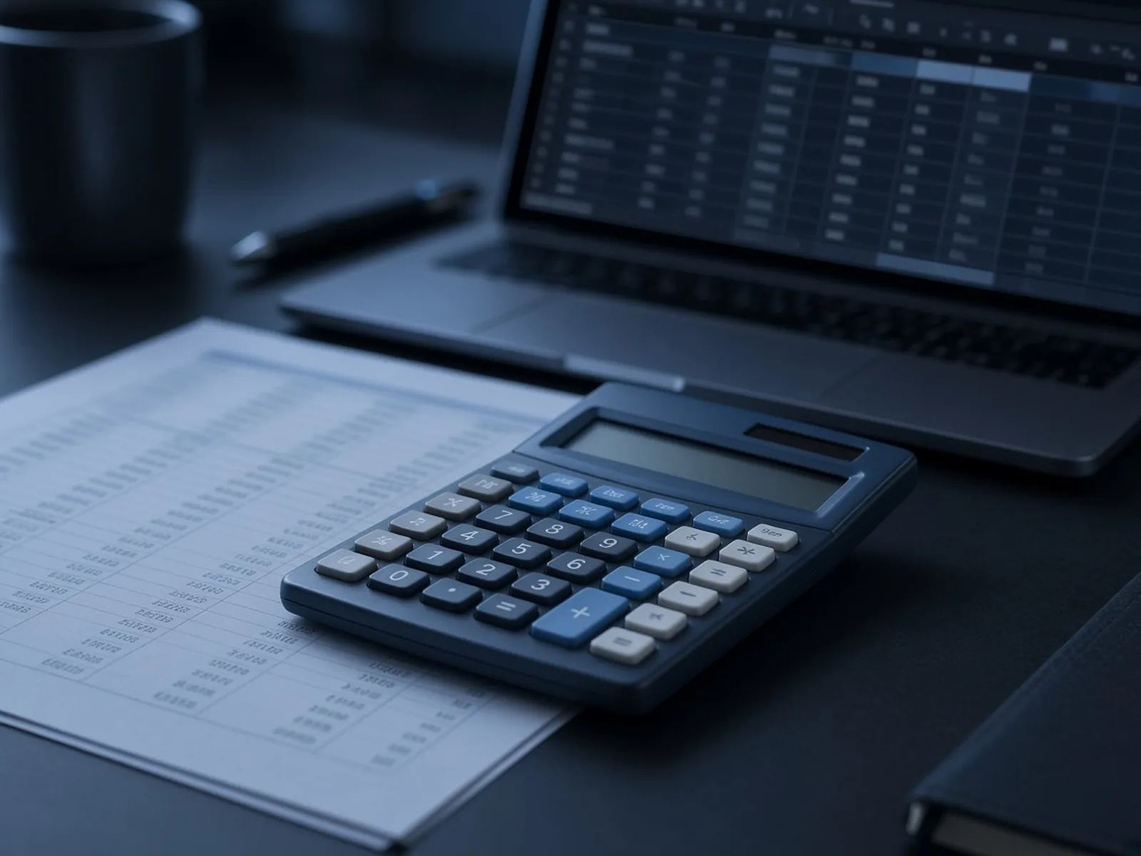 Calculator on printed ledger sheets in front of a laptop spreadsheet