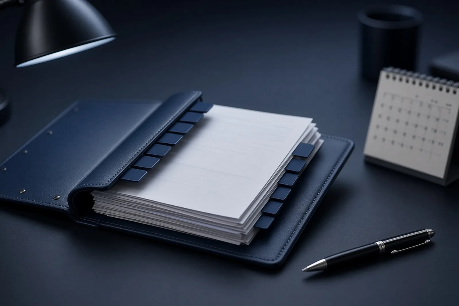 Tabbed annual compliance folder, desk calendar and pen under a desk lamp