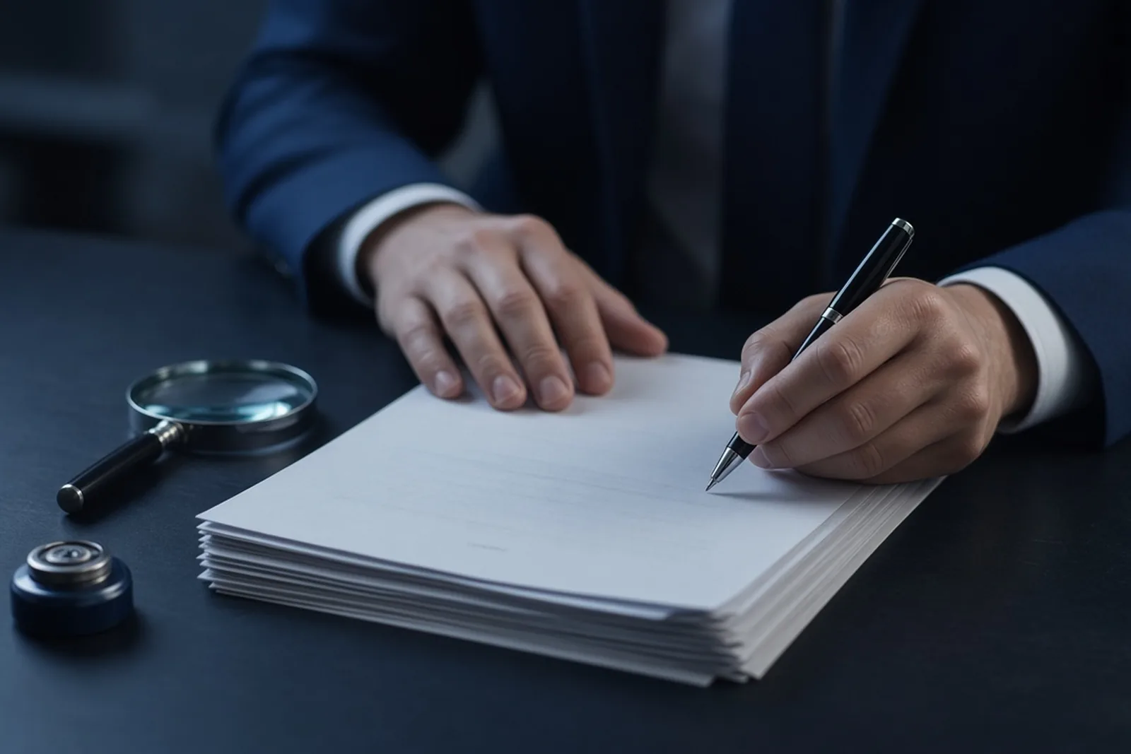 Professional reviewing a stack of corporate documents with a magnifier and company seal nearby