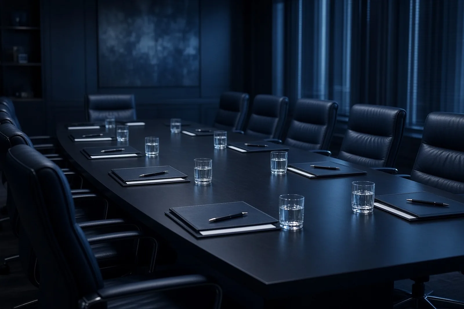 Boardroom table set with agenda folders and water glasses for a directors meeting