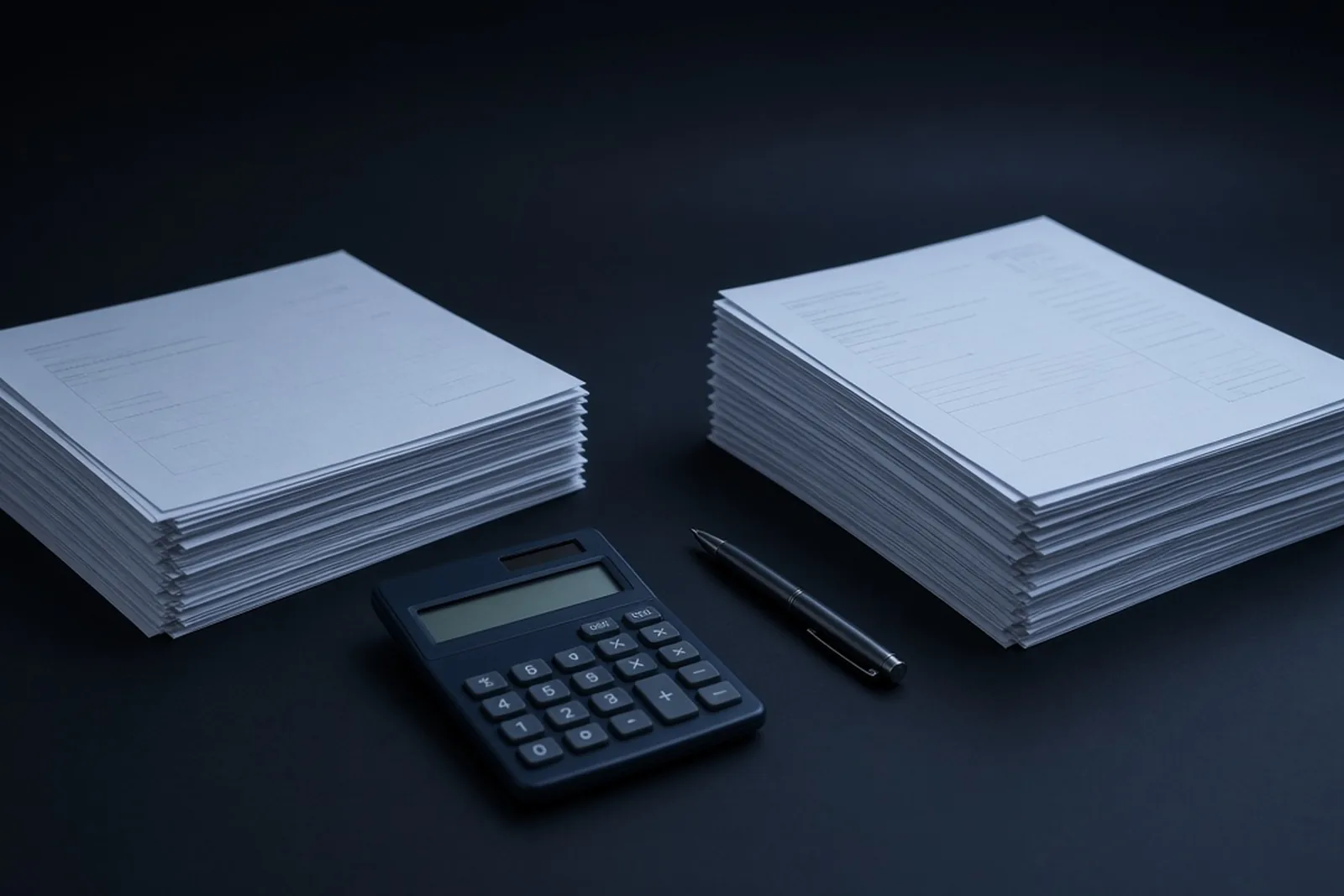 Two stacks of tax filing forms with a calculator and pen between them