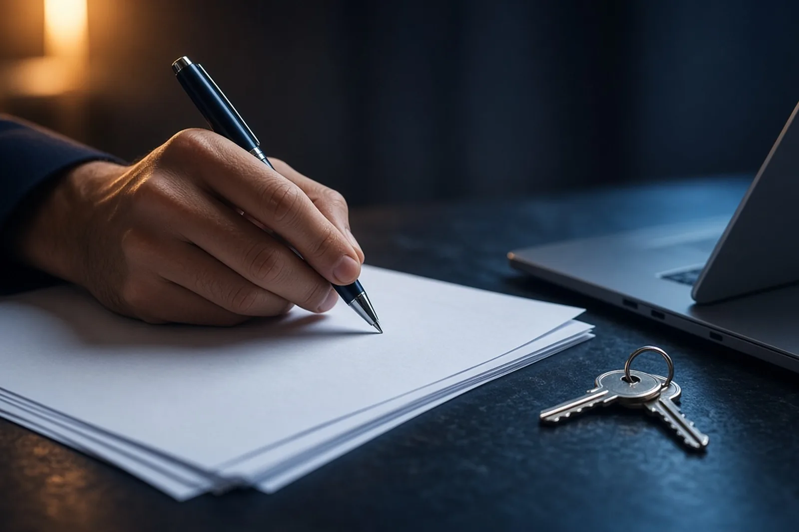 Hand signing company registration papers beside a laptop and a set of keys