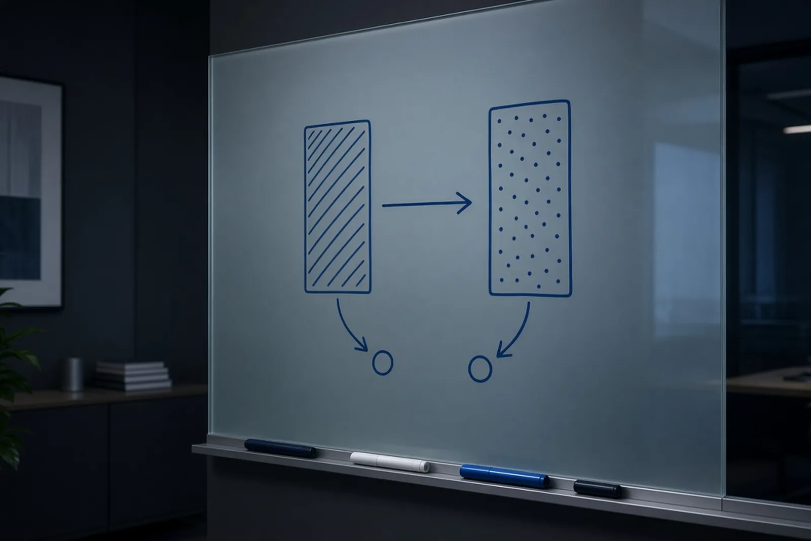 Glass whiteboard with a simple comparison diagram of two business structures