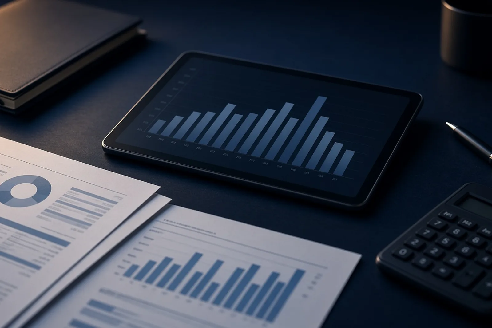 Tablet bar chart, financial statements and calculator laid out for tax planning