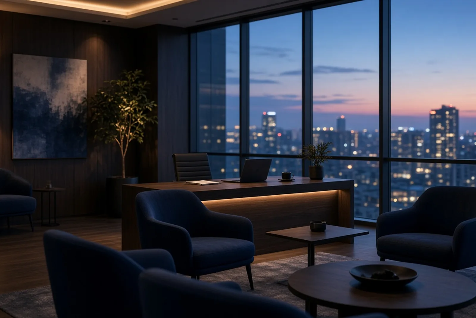 Quiet modern office reception lounge with city views at dusk