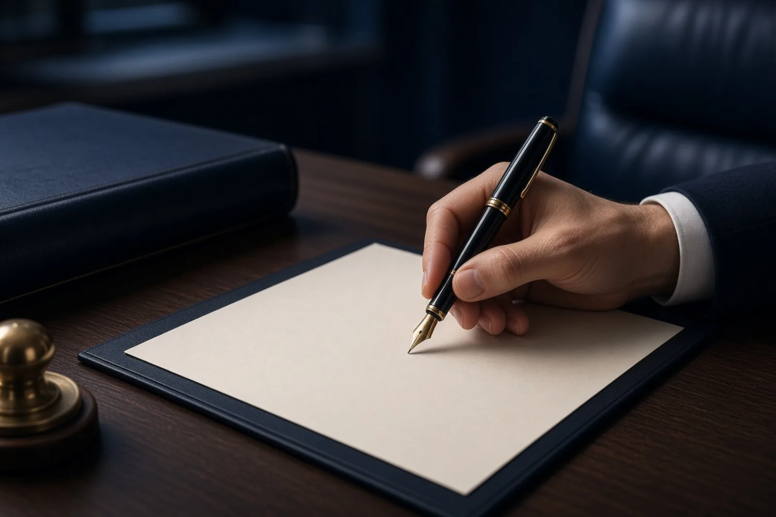 Hand signing a board resolution beside a minute book and company seal