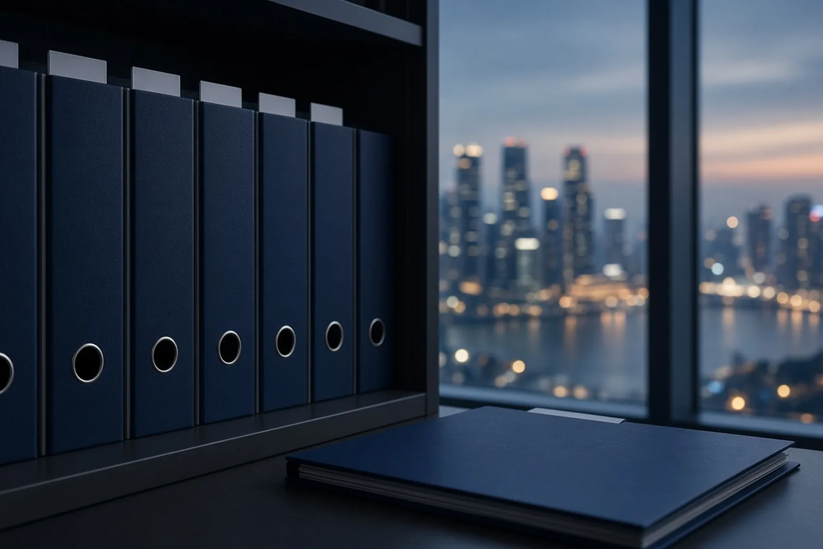 Row of navy corporate binders on an office shelf with city lights at dusk