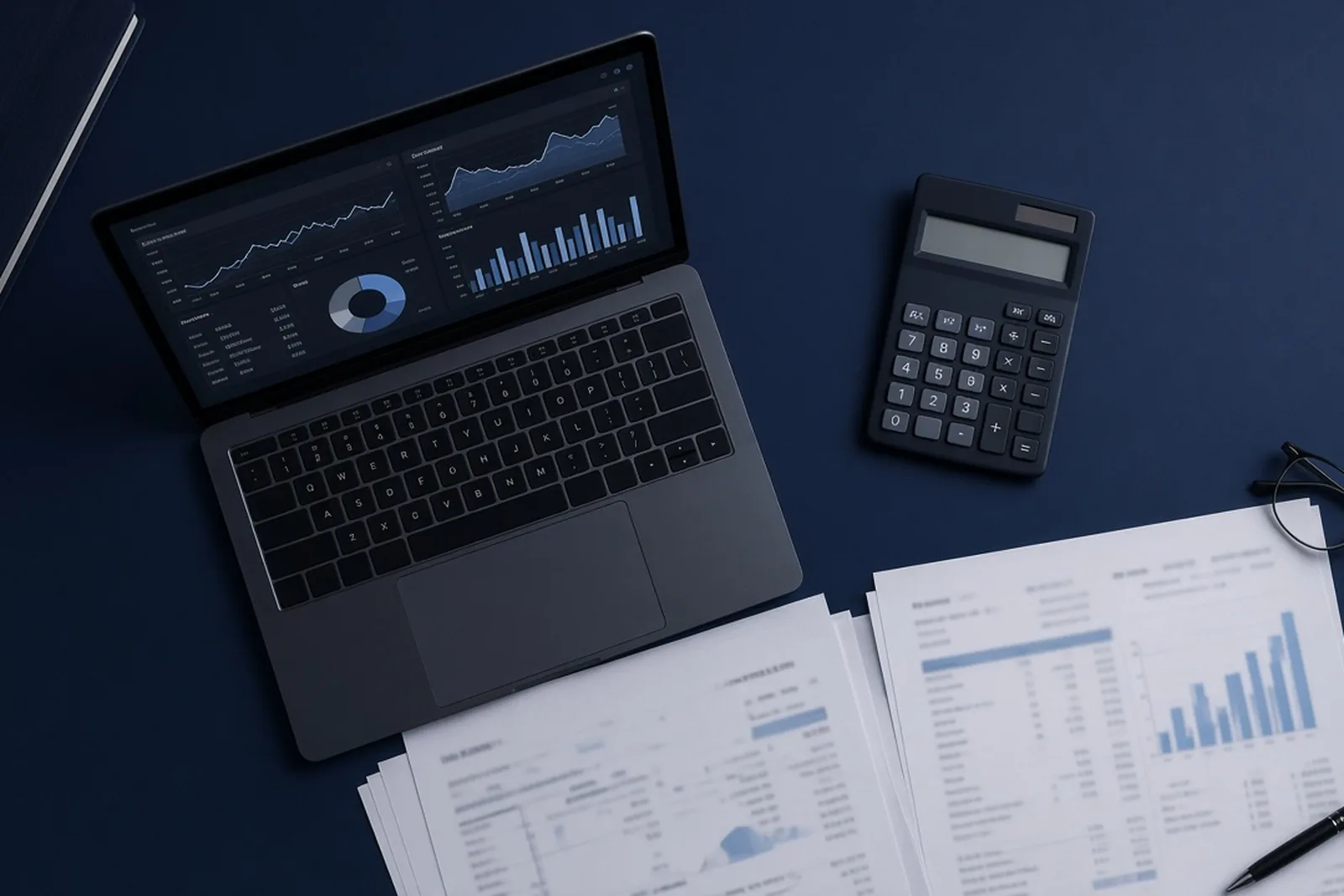 Laptop with financial dashboard, calculator and reports on a navy desk, viewed from above