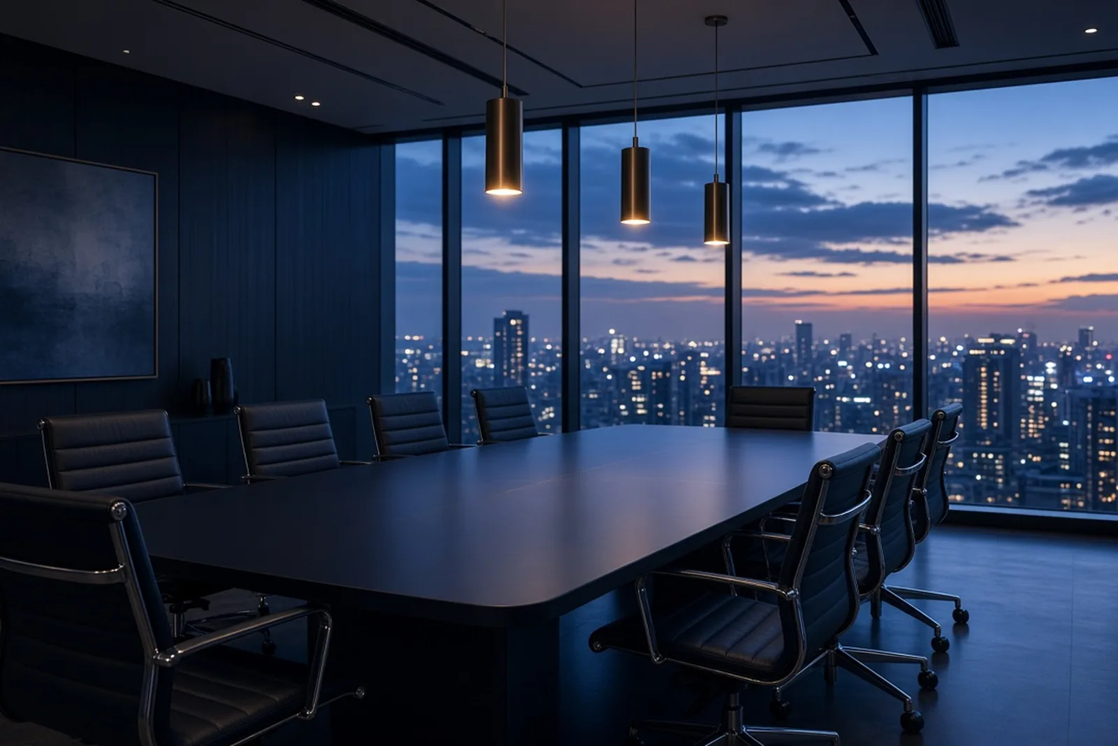 Empty modern boardroom overlooking a city skyline at dusk