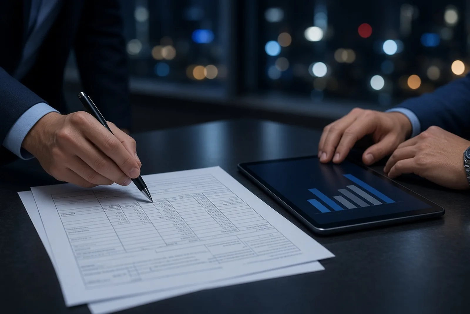Tax forms being reviewed with a pen beside a tablet showing a bar chart